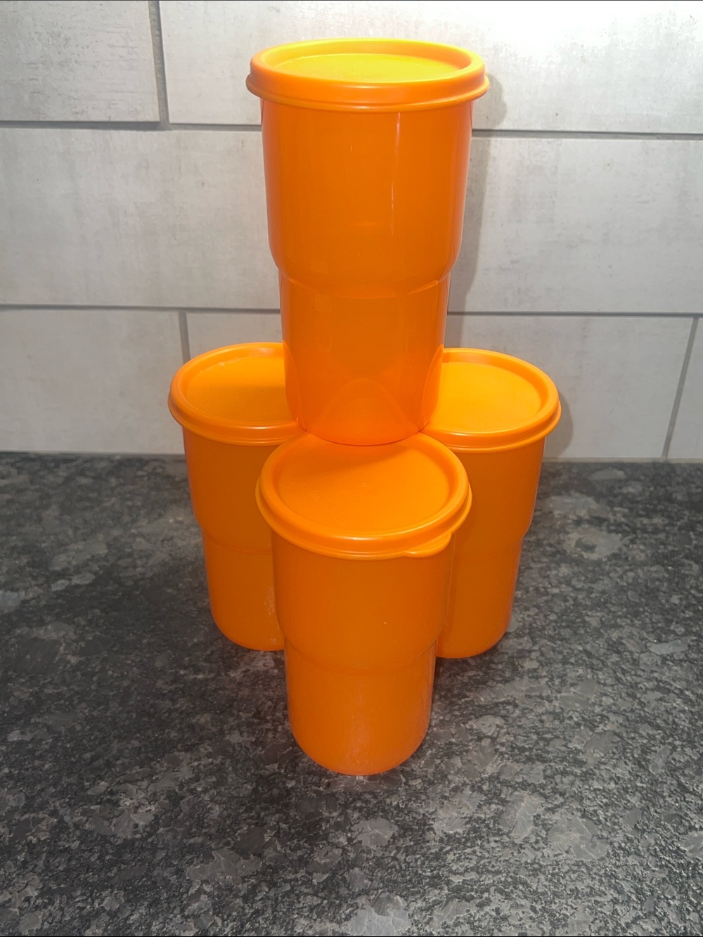 Tupperware Covered Tumblers. Orange Stackable Plastic Storage Cups - Set of 4